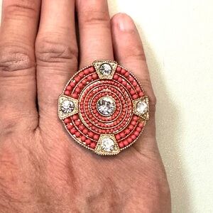 Coral and Gold Beaded Statement Stretch Ring